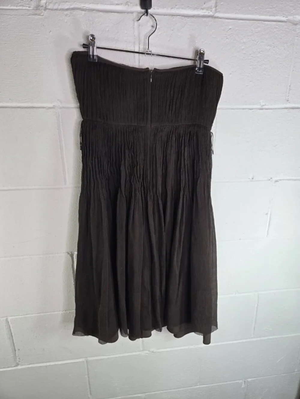 Vtg J. Crew Brown Silk Plisse Pleated Strapless Cocktail Mini Dress